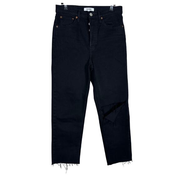 RE/DONE Originals 70s Stove Pipe Noir with Rip Cropped Jeans 27-Black Button Fly - Picture 2 of 12